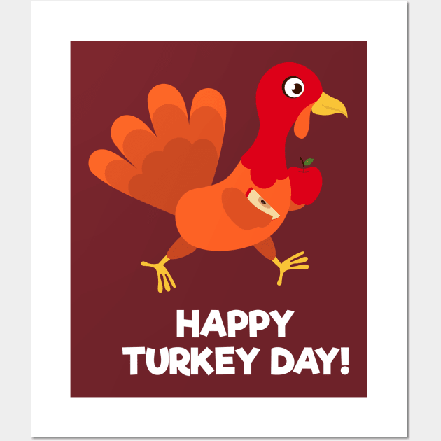 Happy Turkey Day With Turkey Holding an Apple Wall Art by Dendisme_Art